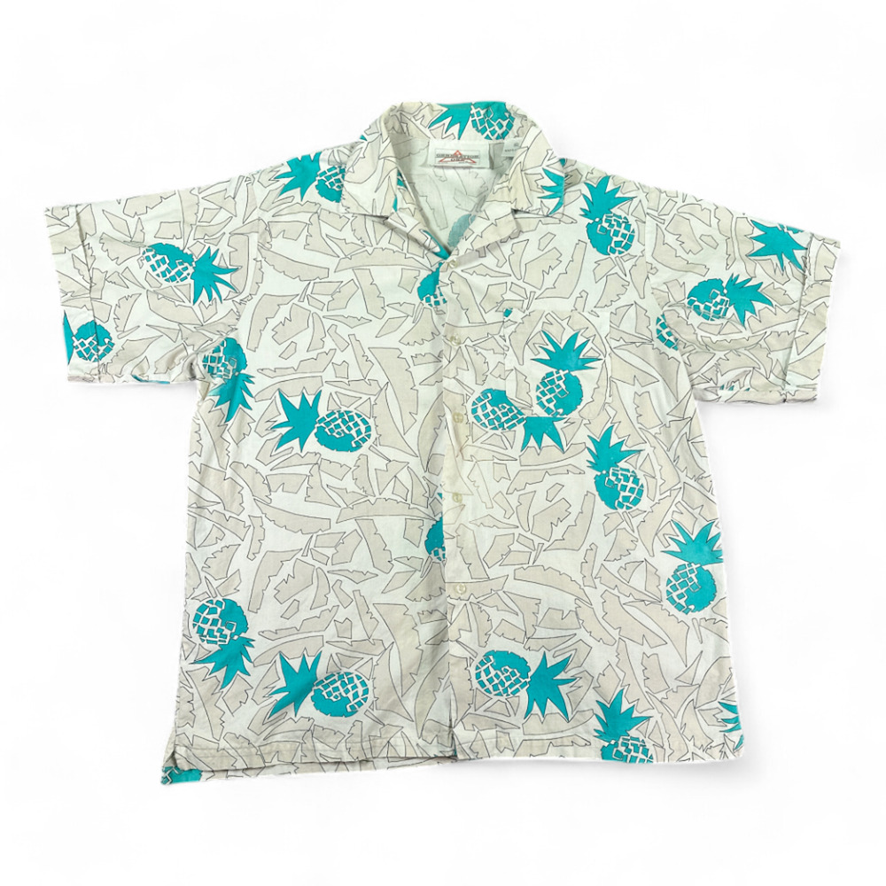 Vintage Hawaiian Shirt Adult LARGE Off White Turquoise Abstract Pineapple 80s